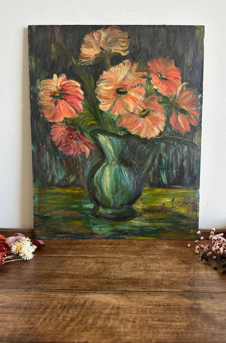 Peinture XL fleurs orangées dans vase vert signée 1922