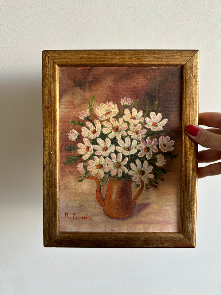 Peinture sur toile bouquet de marguerites signée 1983