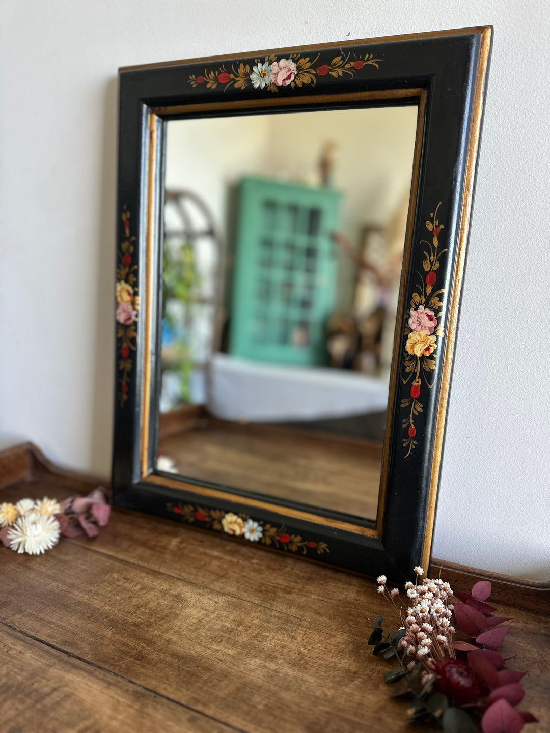 Miroir rectangulaire en bois laqué décoré à la main