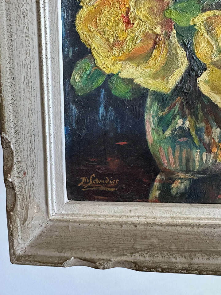 Peinture fleurs jaunes fond bleu nuit années 71