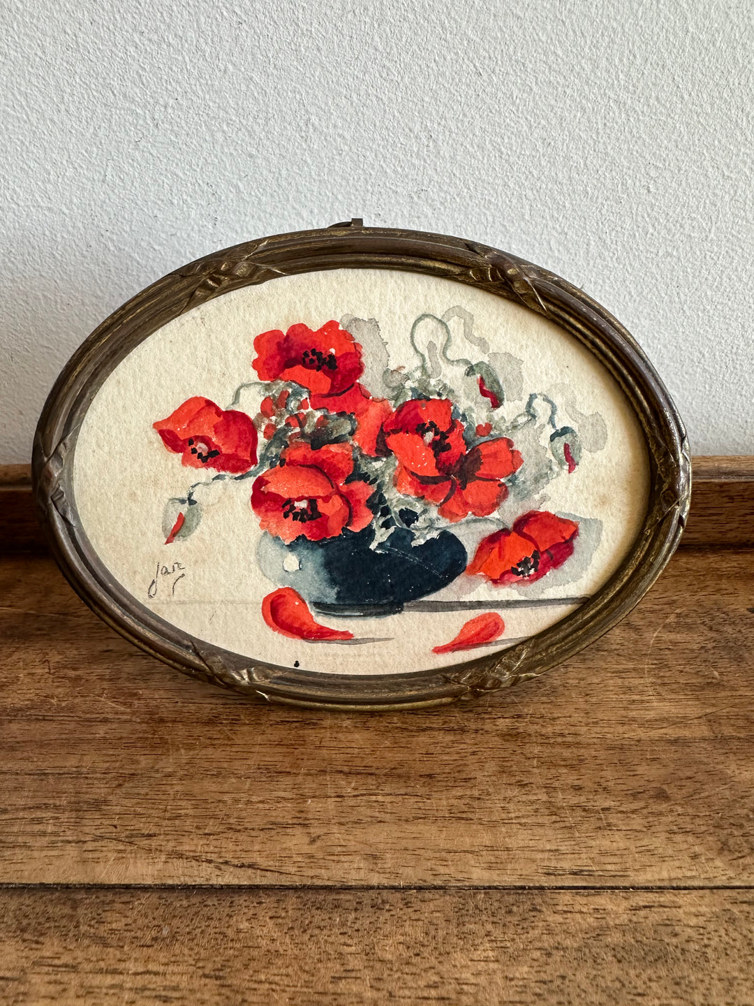 Aquarelle coquelicot signée dans cadre ovale en bronze 19ème