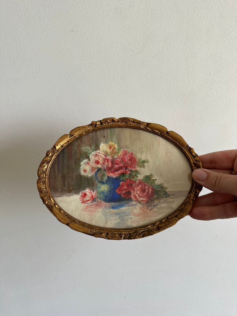 Peinture rose vase bleu 1900