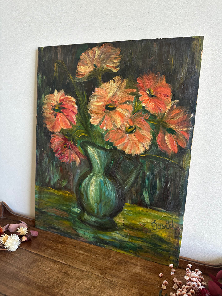 Peinture XL fleurs orangées dans vase vert signée 1922