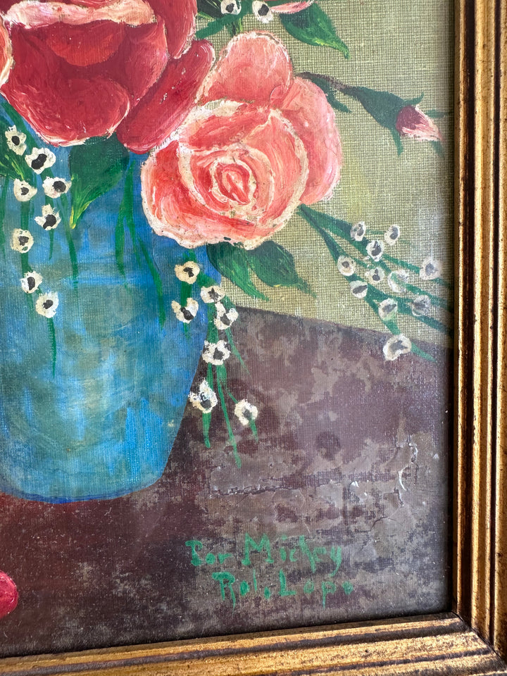 Peinture signée encadrée roses et muguet fond vert