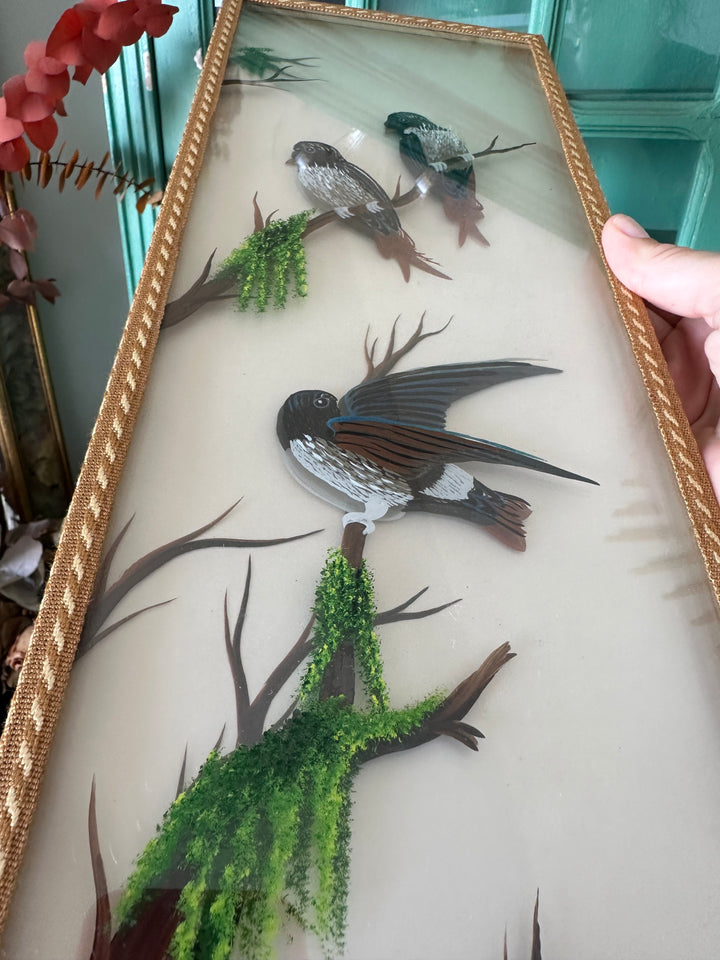 Peinture sur planche de verre oiseaux sur leurs branches