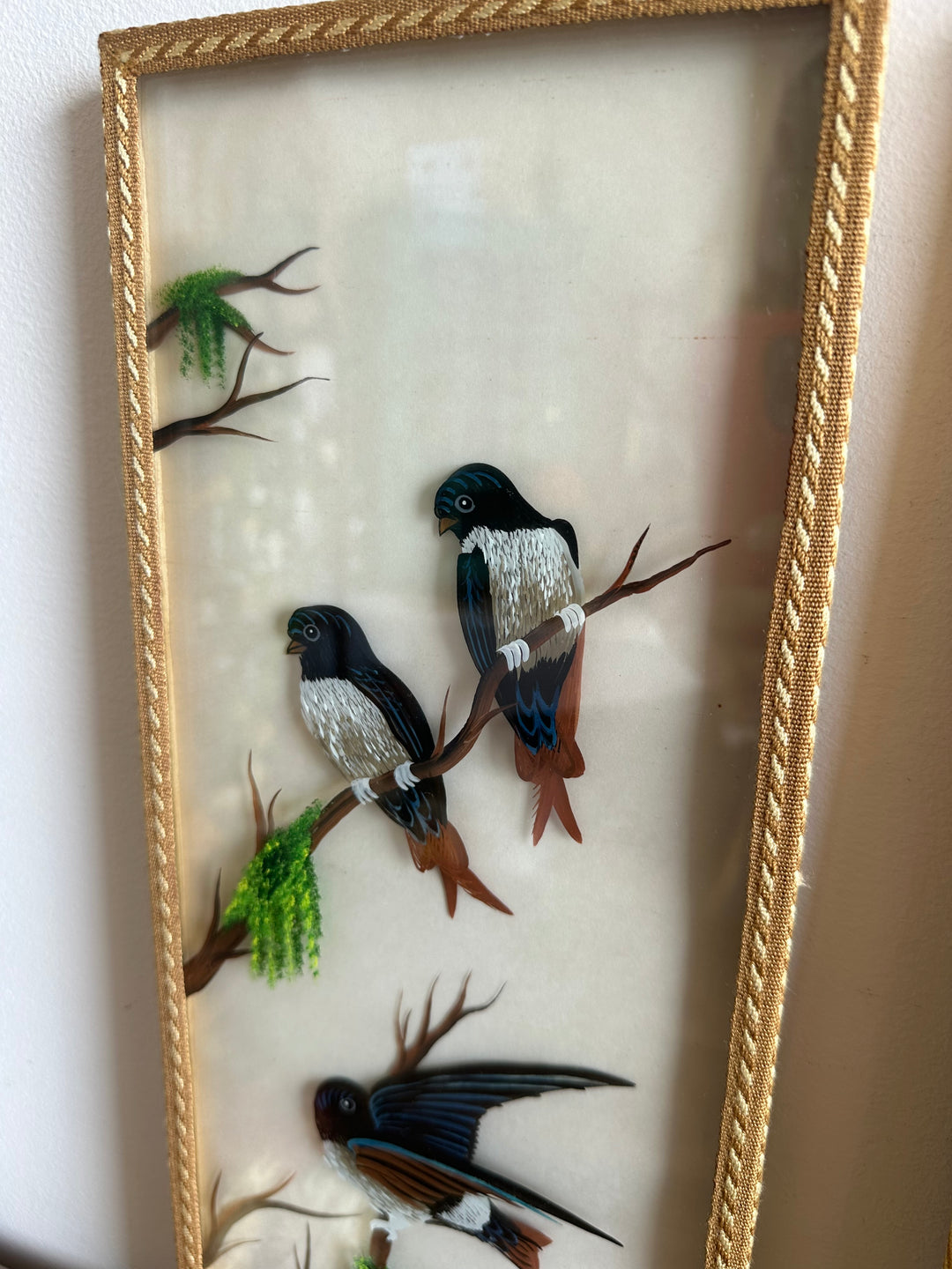 Peinture sur planche de verre oiseaux sur leurs branches