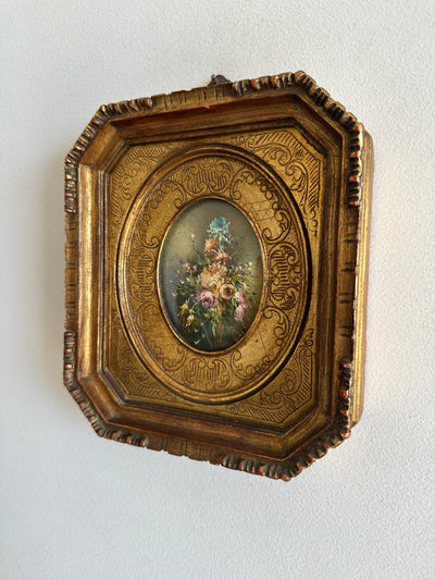 Peintures florales sur plaque de cuivre cadre en bois doré