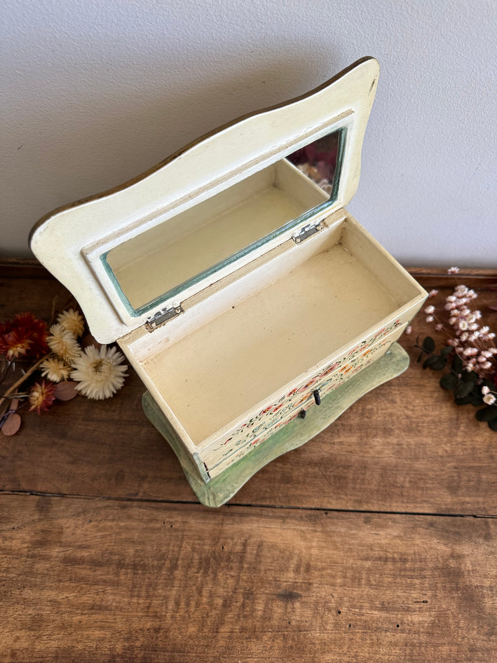 Coffret avec miroir en bois deux tiroirs motifs fleurs