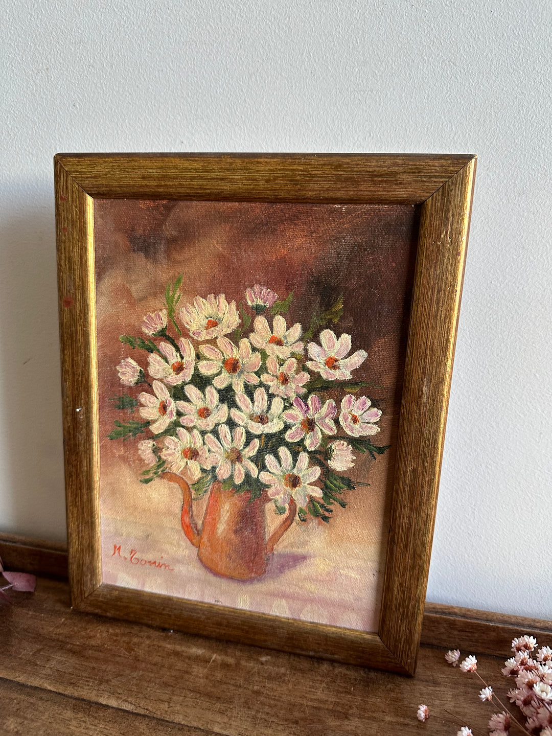 Peinture sur toile bouquet de marguerites signée 1983