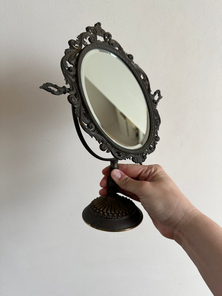 Miroir psyché biseauté en laiton sur pied en bronze