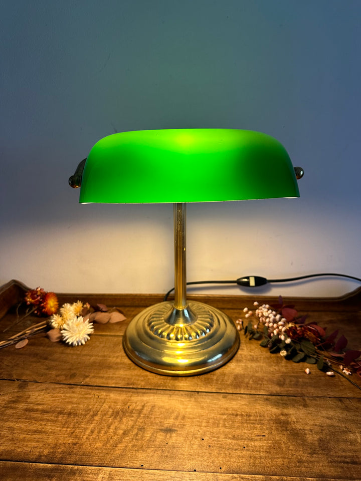 Lampe de notaire métal doré opaline verte