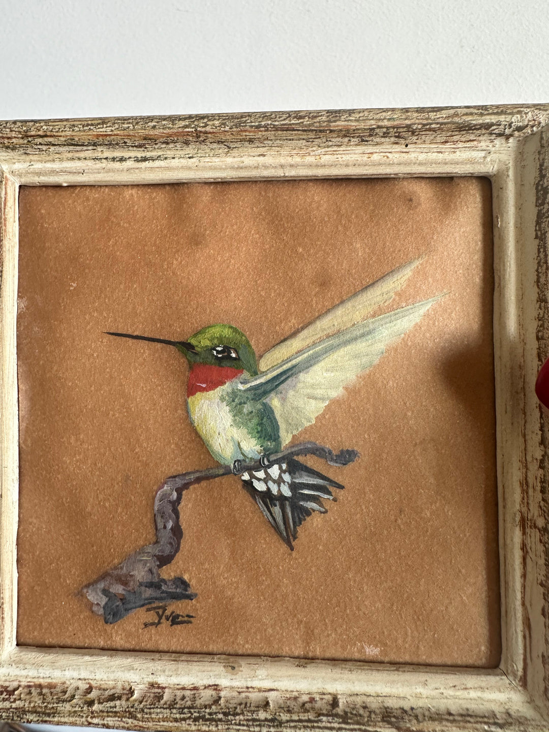 Colibri peint sur papier signé cadre en bois