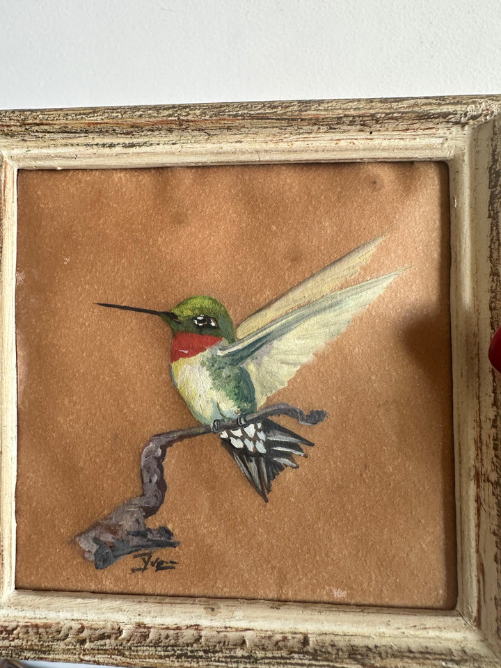 Colibri peint sur papier signé cadre en bois