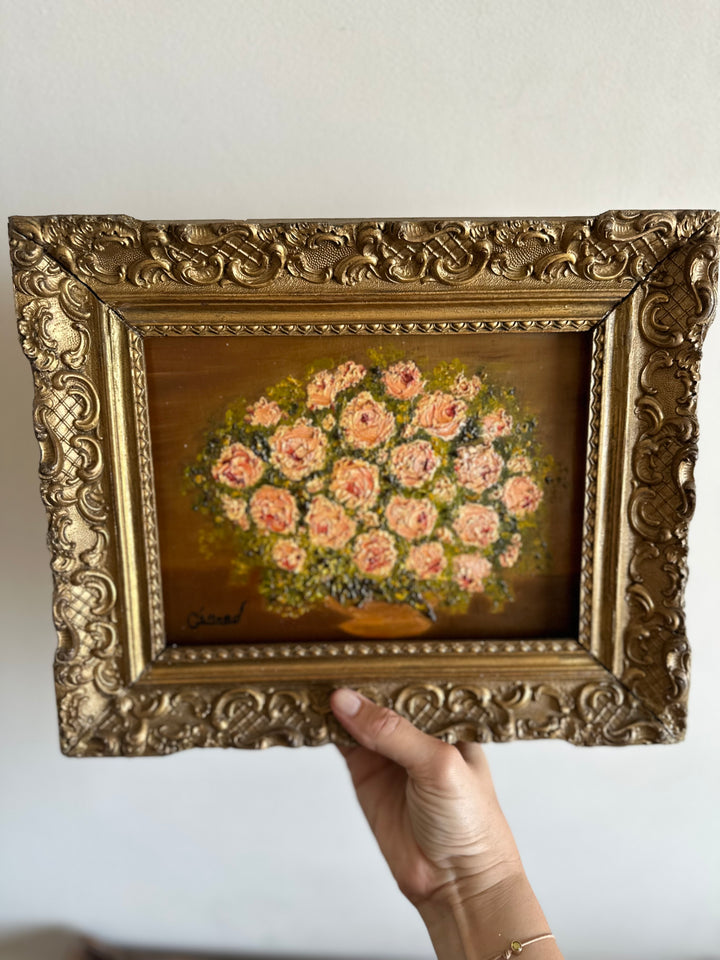 Peinture à l'huile sur toile bouquet de mille roses en fleurs années 1900