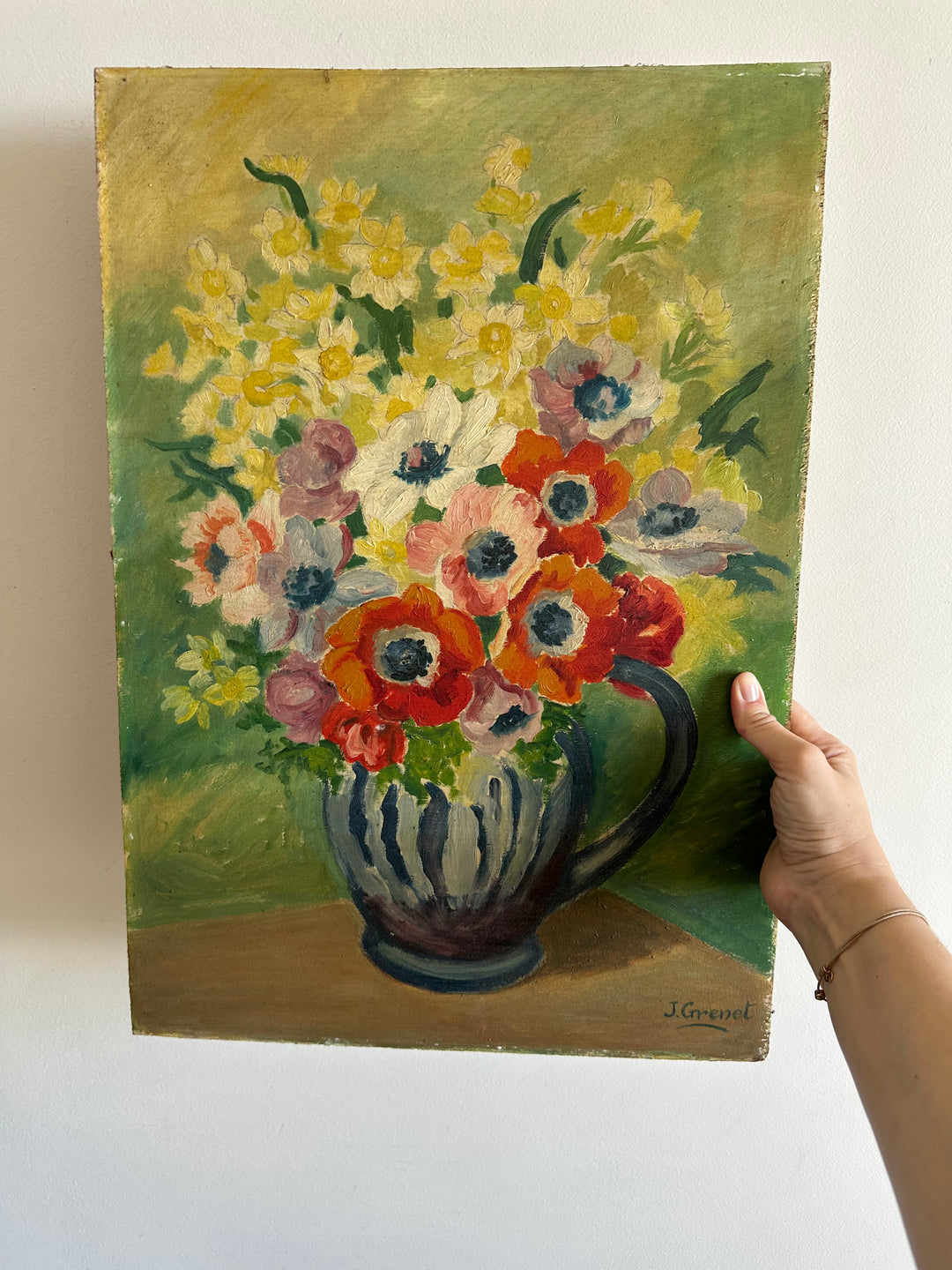 Peinture sur planche bouquet de fleurs dans vase sur fond vert XL