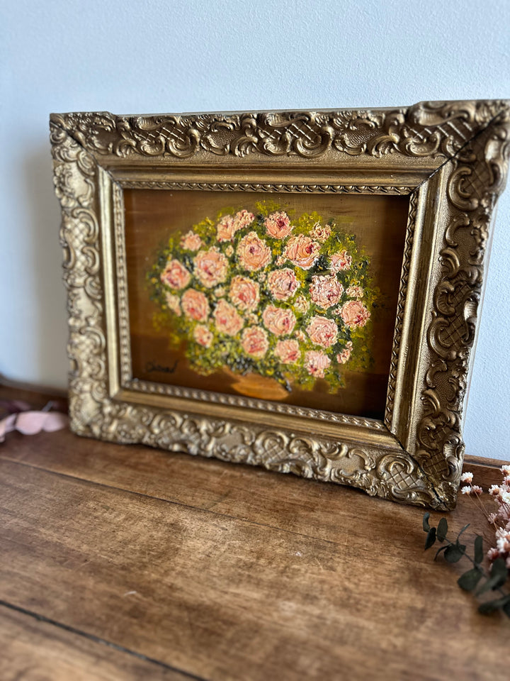 Peinture à l'huile sur toile bouquet de mille roses en fleurs années 1900