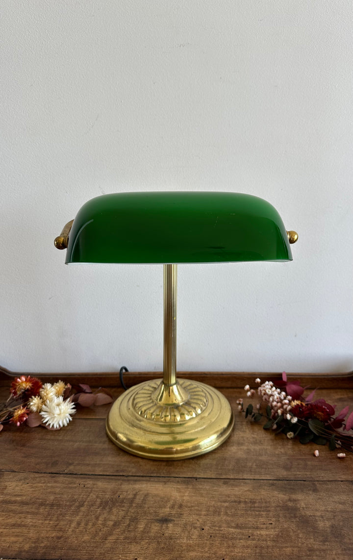 Lampe de notaire métal doré opaline verte