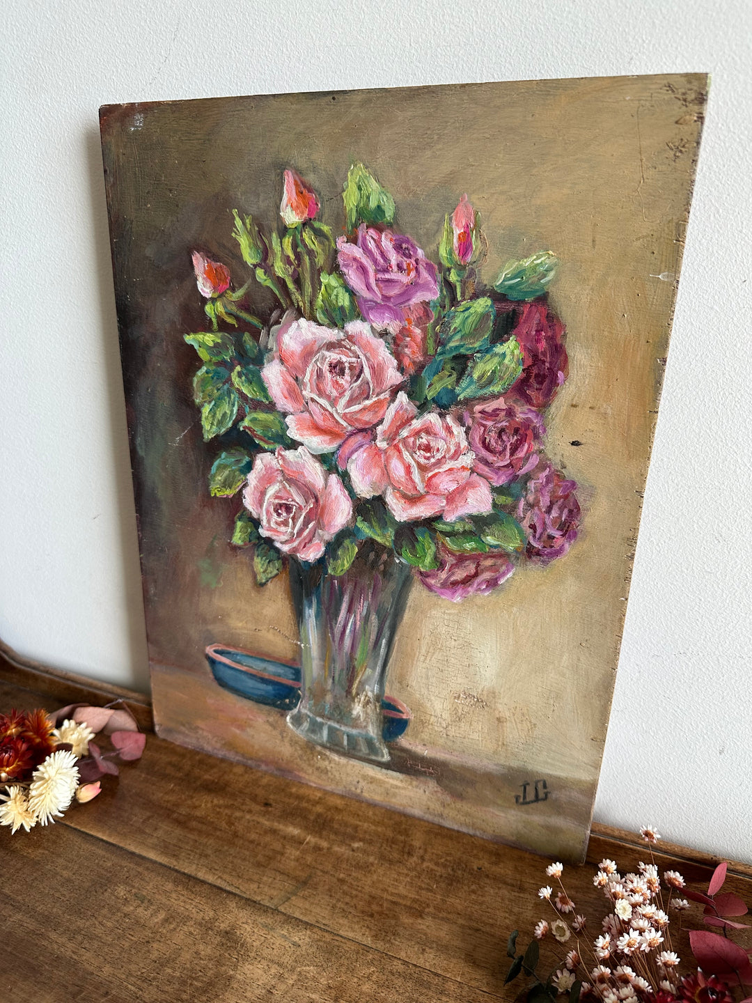 Peinture bouquet de fleurs roses et violettes années 40