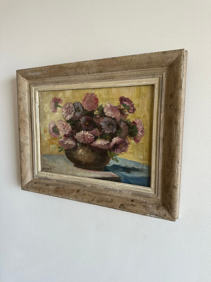 Peinture signée Gruner bouquet de fleurs mauves sur toile