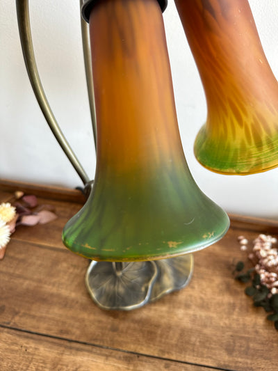 Lampe à deux têtes style Art Nouveau verre orangé et vert