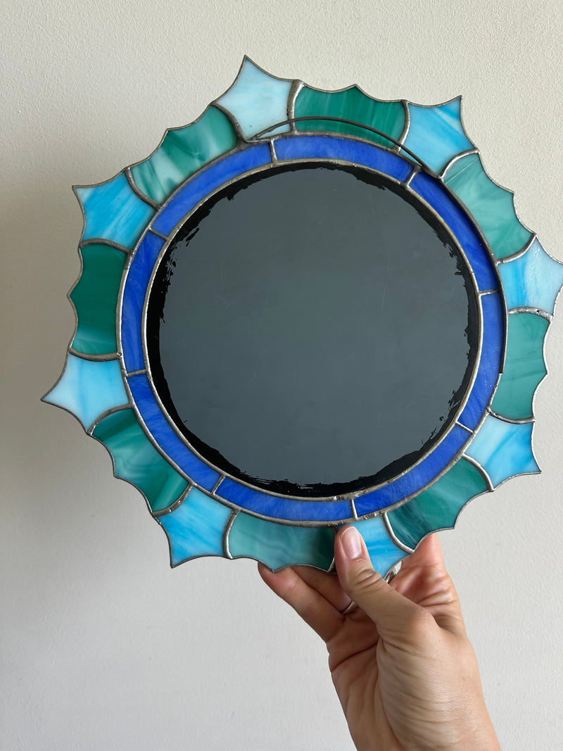 Miroir vitraux soudés bleus et verts