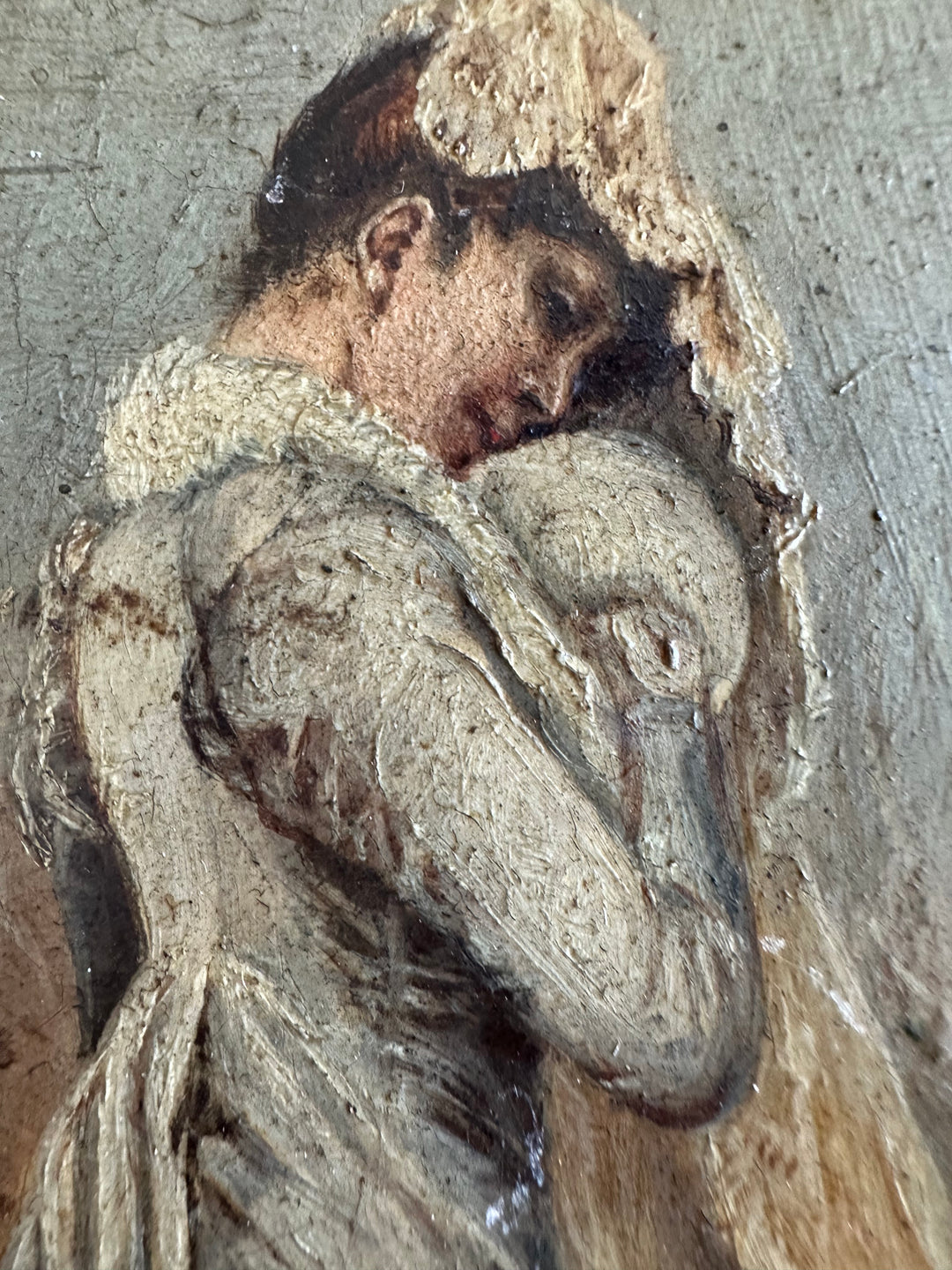 Peinture à l'huile jeune femme en robe blanche XIX ème