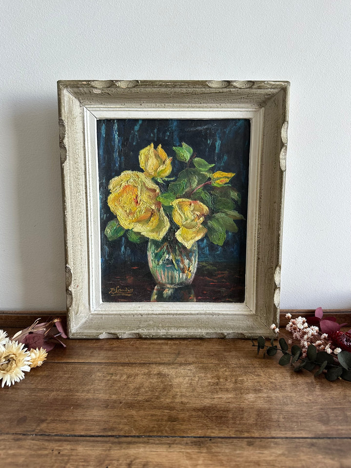 Peinture fleurs jaunes fond bleu nuit années 71