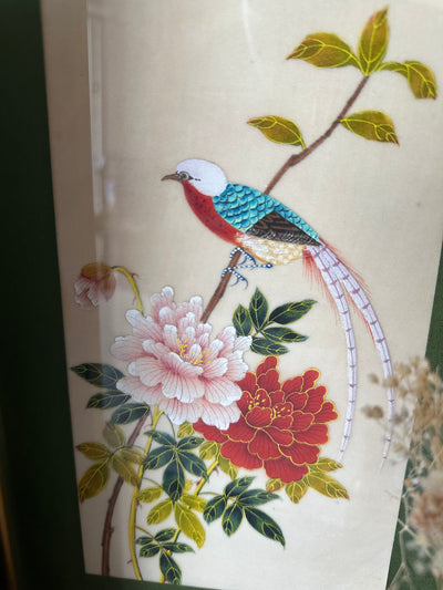 Peinture sur soie oiseaux encadrés années 70