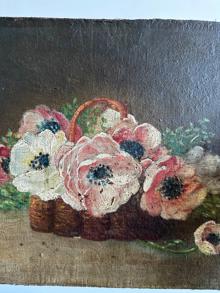 Peinture sur toile fleurs roses et blanches dans panier en osier