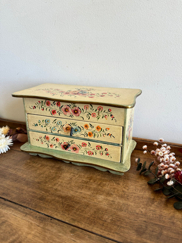 Coffret avec miroir en bois deux tiroirs motifs fleurs