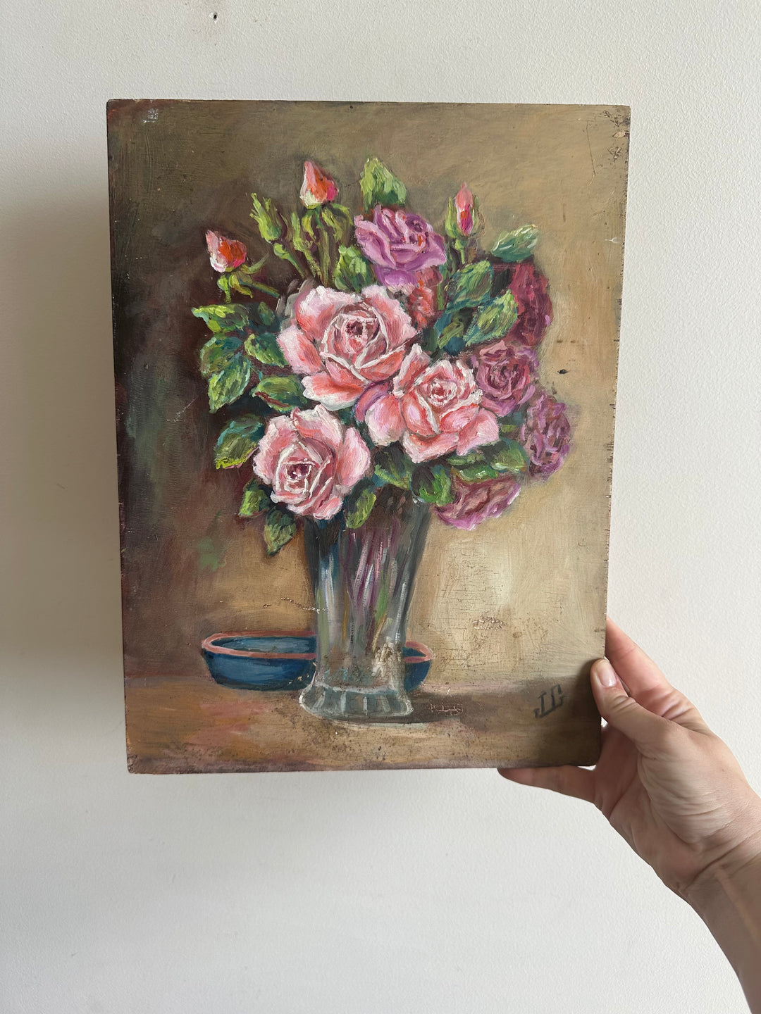 Peinture bouquet de fleurs roses et violettes années 40