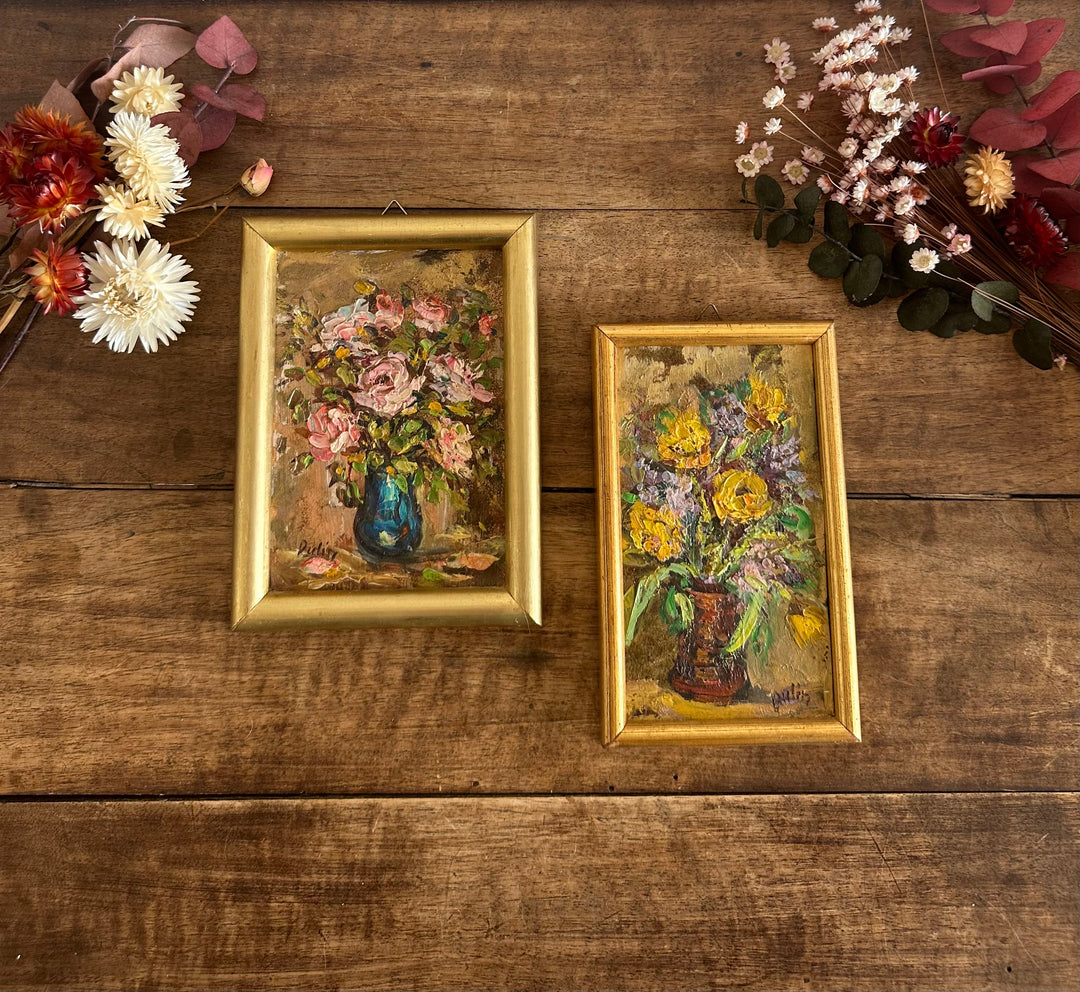 Peintures florales tailles mini dans leurs cadres en bois