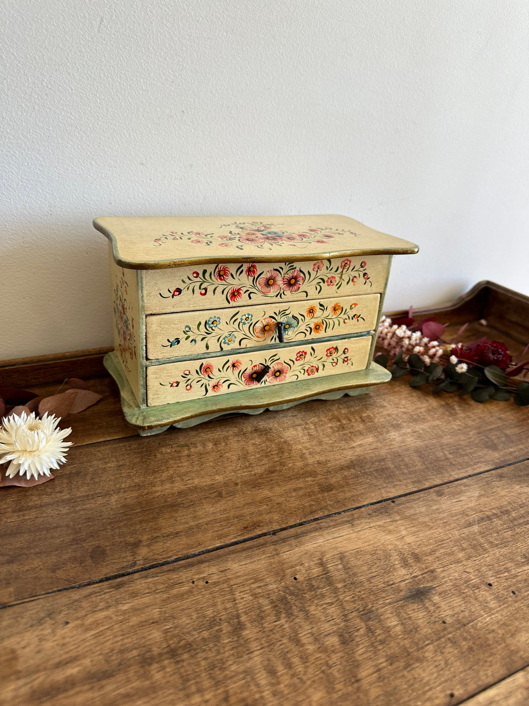 Coffret avec miroir en bois deux tiroirs motifs fleurs