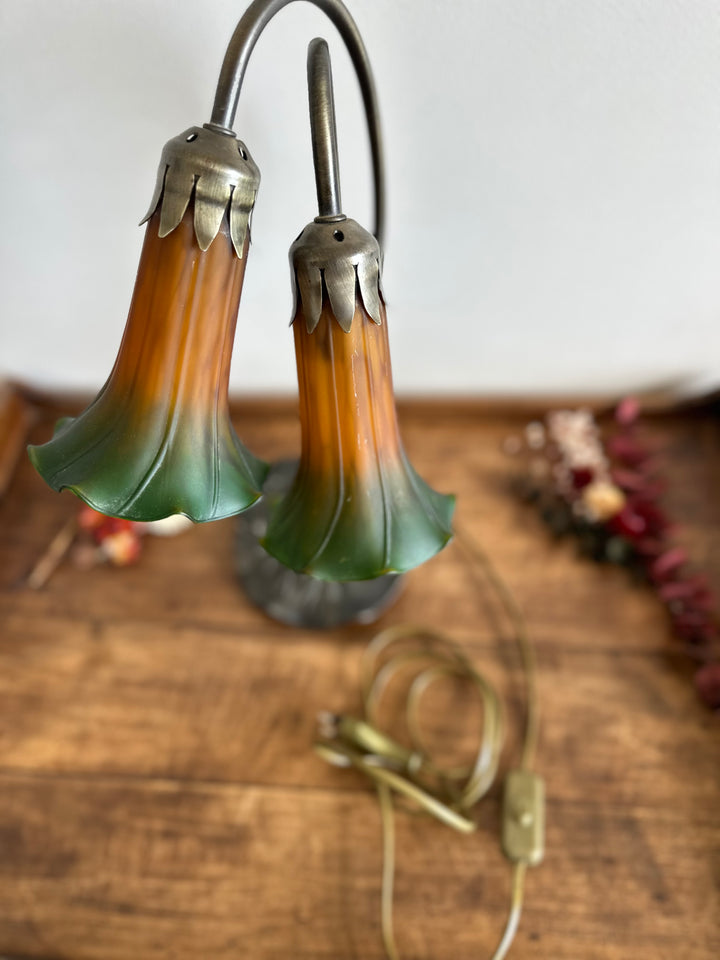 Lampe de chevet à deux têtes verre fumé vert et orange