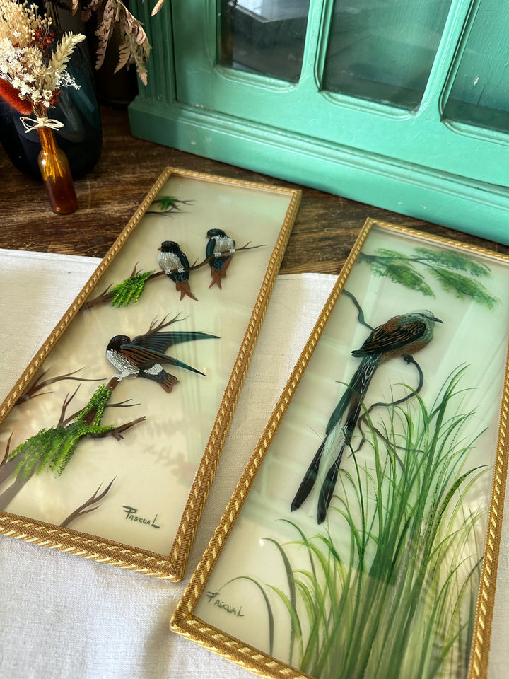 Peinture sur planche de verre oiseaux sur leurs branches