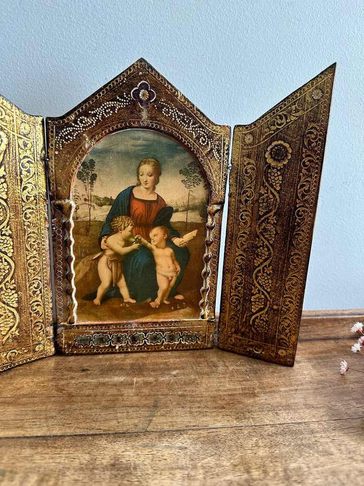 Icône religieuse triptyque italienne en bois gravé