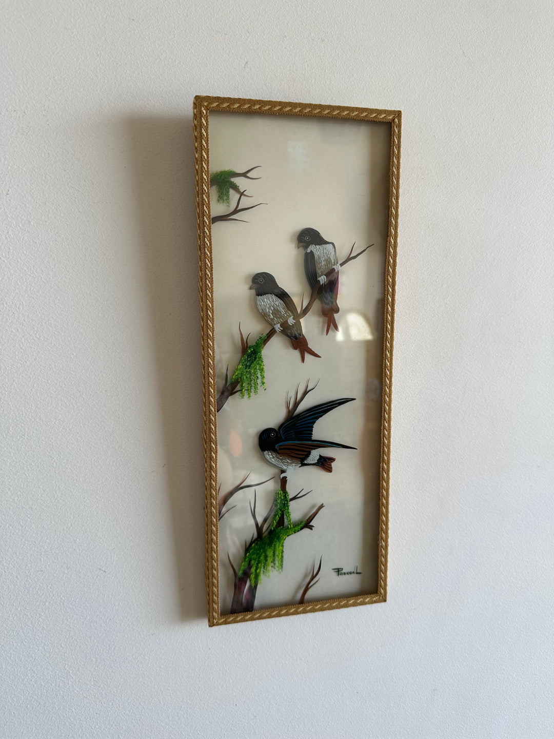 Peinture sur planche de verre oiseaux sur leurs branches