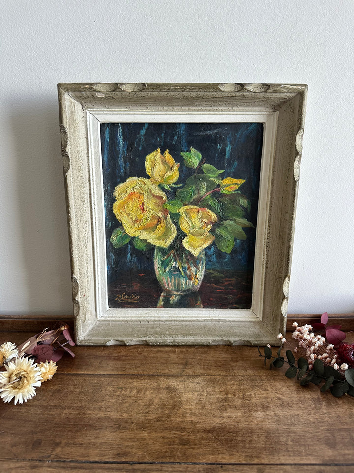 Peinture fleurs jaunes fond bleu nuit années 71