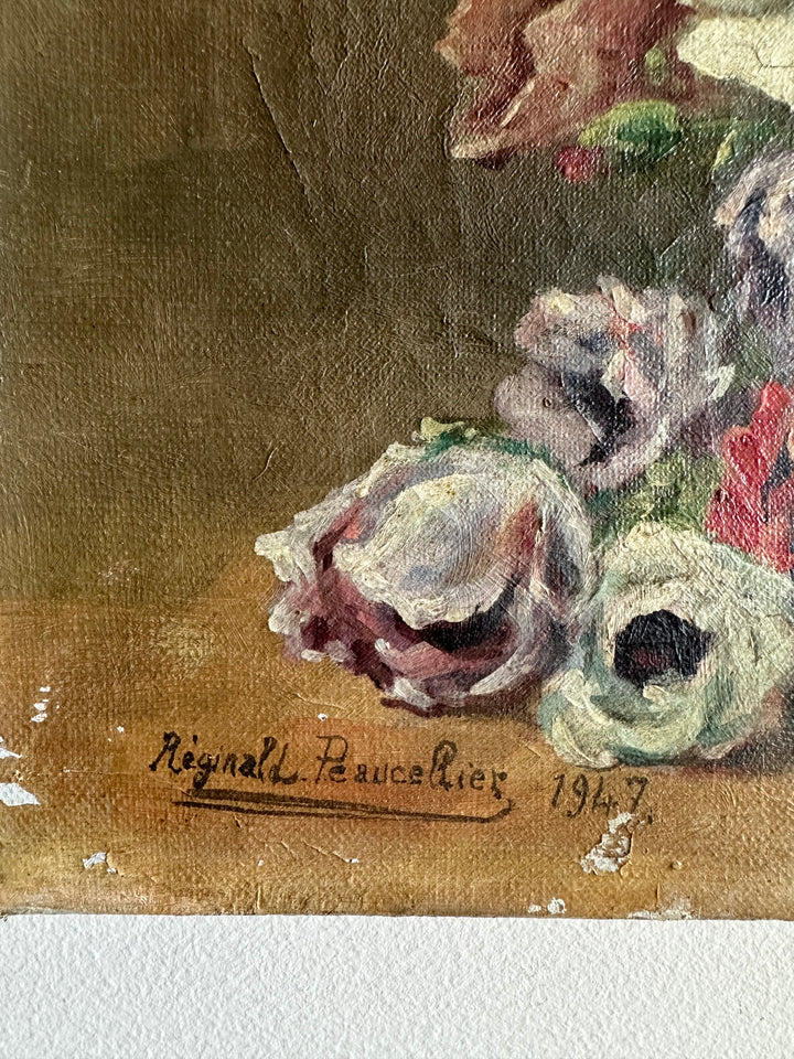 Peinture sur toile bouquet de fleurs signée 1947