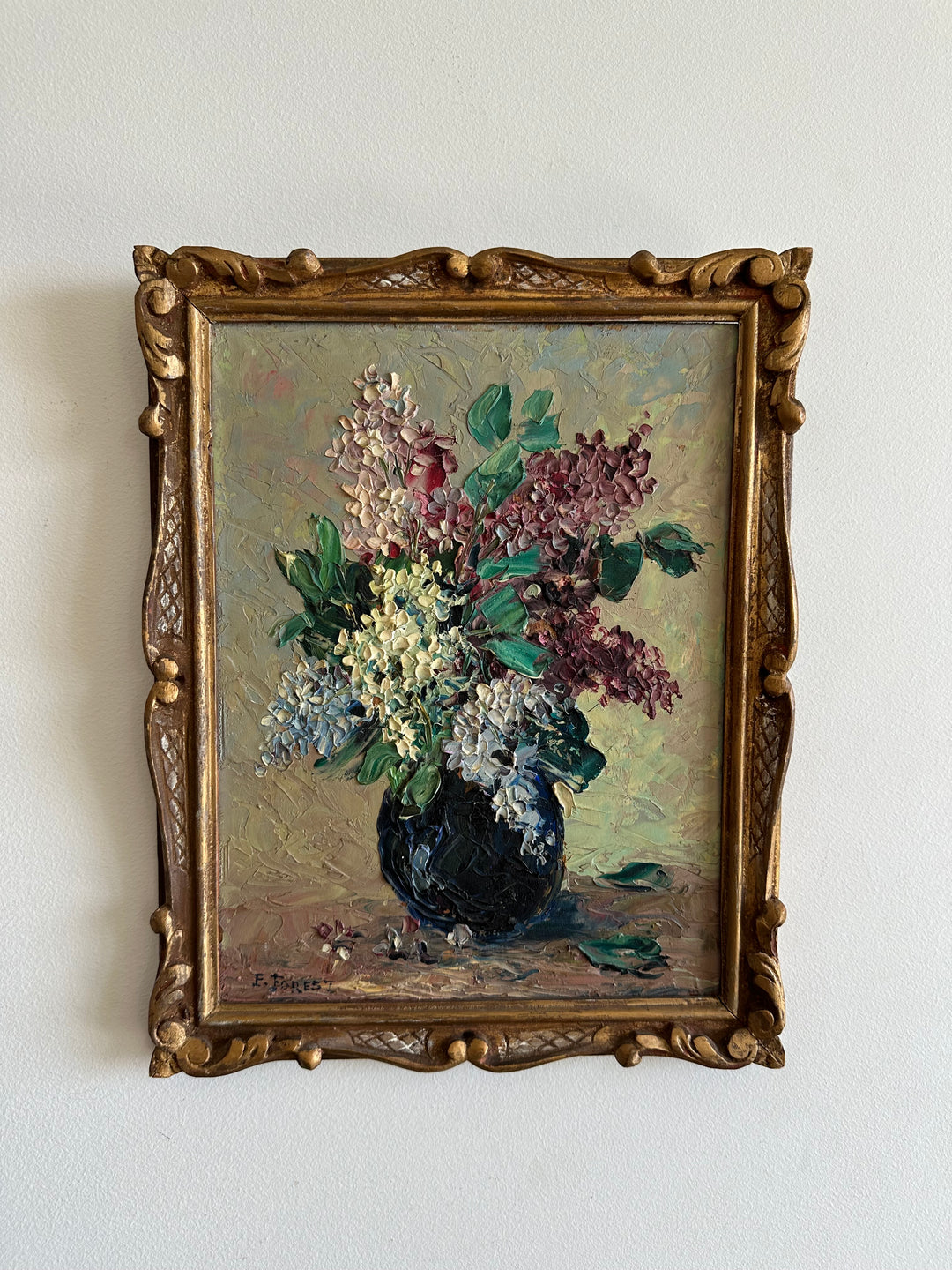 Peinture signée encadrée Lilas années 20