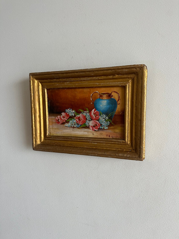 Peinture signée Voldchenko nature morte vase bleu