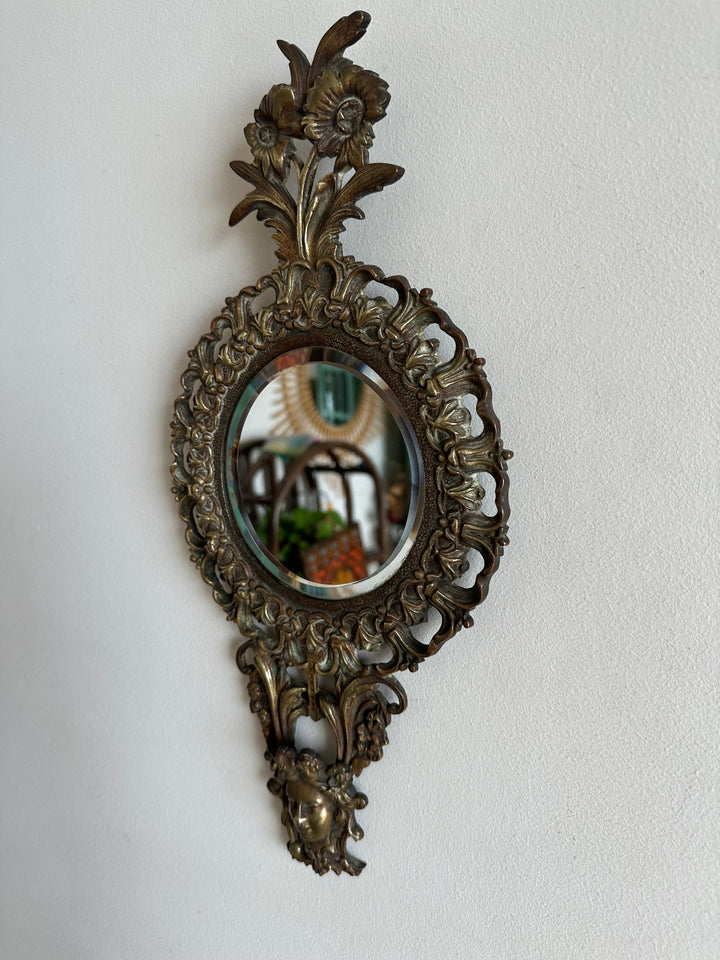 Miroir en bronze 19ème style baroque fronton marguerites