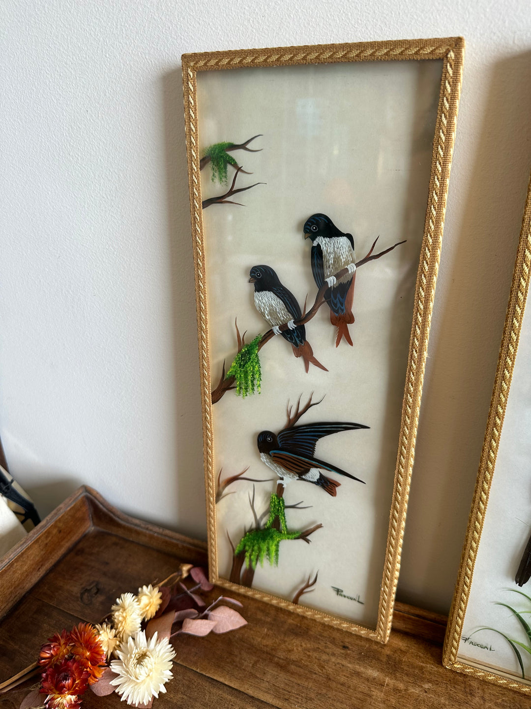 Peinture sur planche de verre oiseaux sur leurs branches