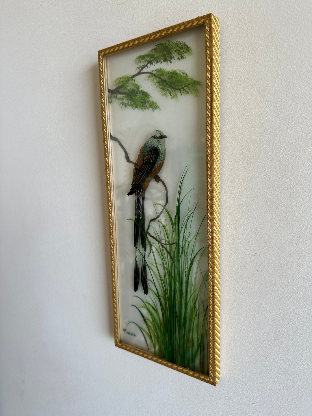 Peinture sur planche de verre oiseaux sur leurs branches