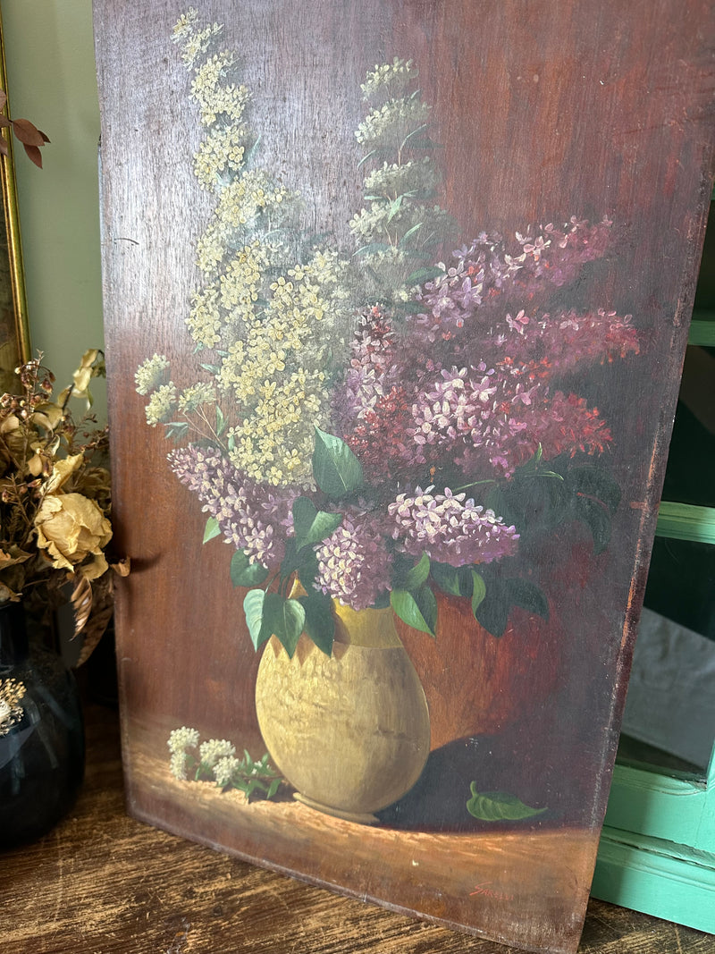 Peinture florale sur planche de bois années 1900