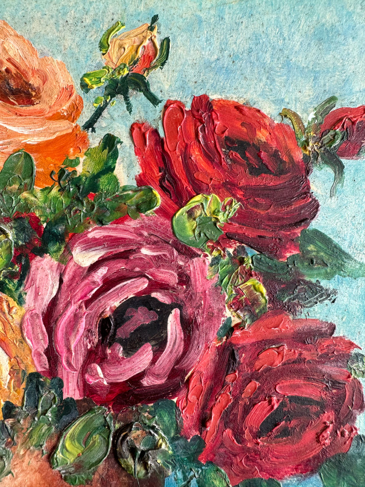 Peinture bouquet de fleur sur fond bleu tons roses orangés jaunes