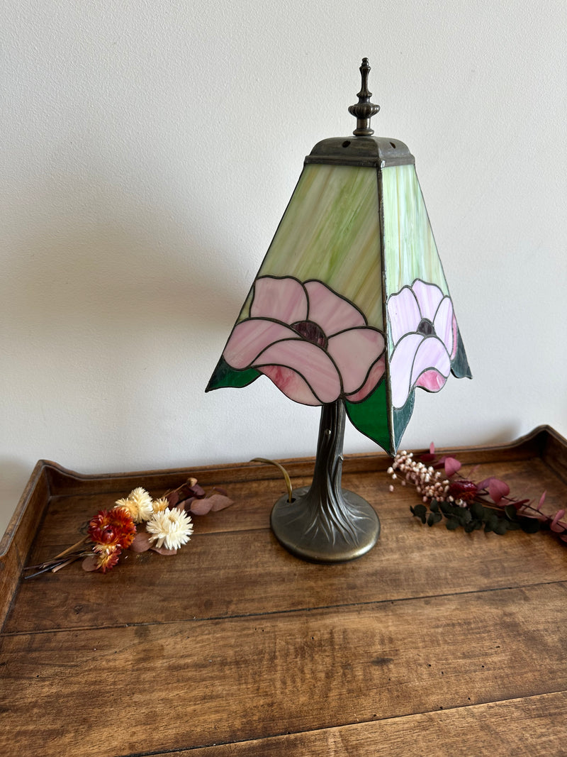 Lampe style Tiffany rectangulaire verte et rose