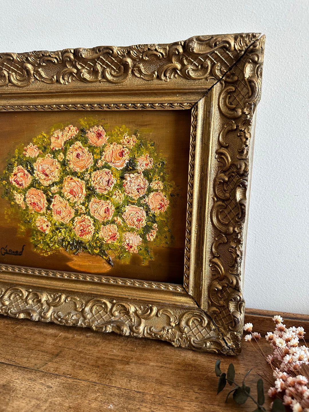 Peinture à l'huile sur toile bouquet de mille roses en fleurs années 1900