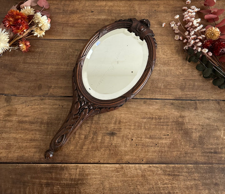 Miroir à main Art nouveau en bois sculpté