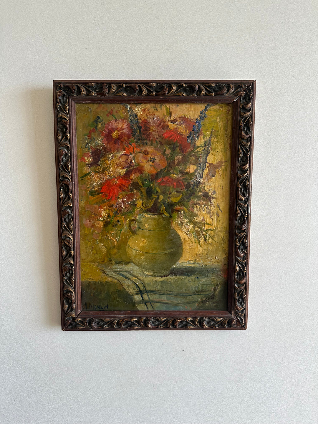 Peinture à l'huile signée Merlin bouquet de fleurs années 1940